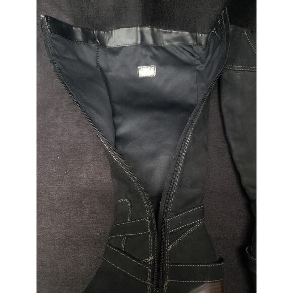 New Direction Black Suede Like Material Buckle Harness Strap High Heel Boots - Picture 7 of 10